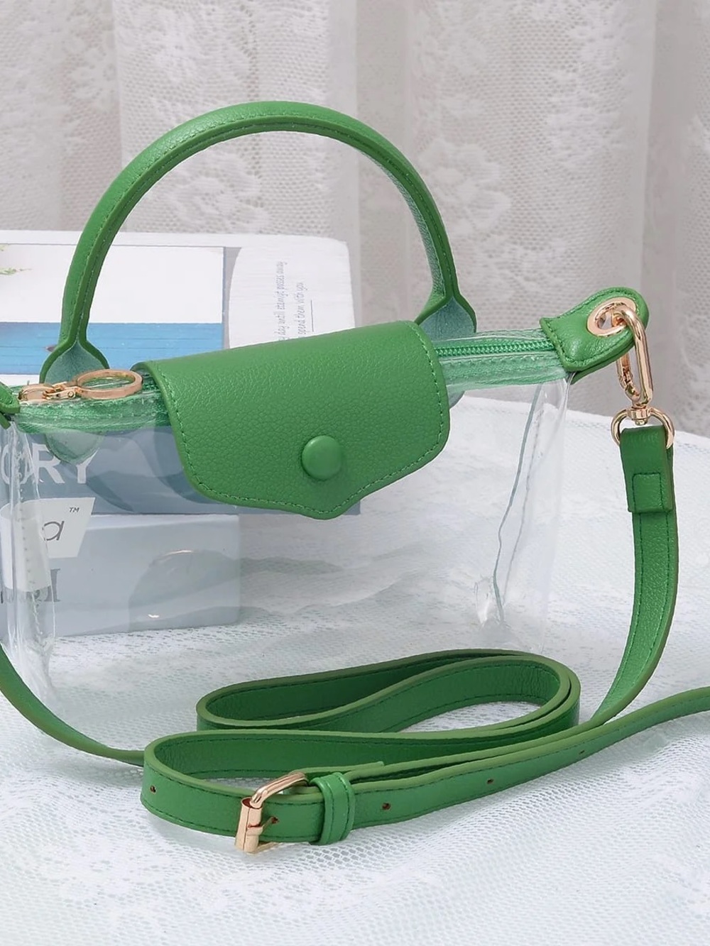 Clear Green Top-Handle Crossbody Bag with Removable Strap